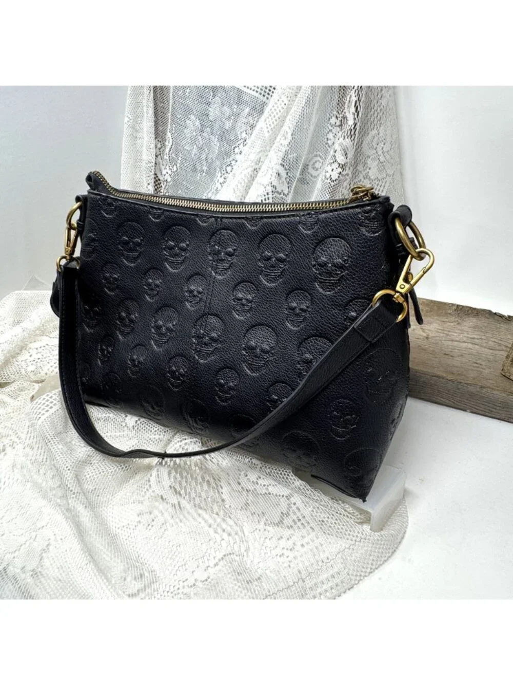 Betsey Johnson Skull Boss Satchel Black Gold Trim Top Handle